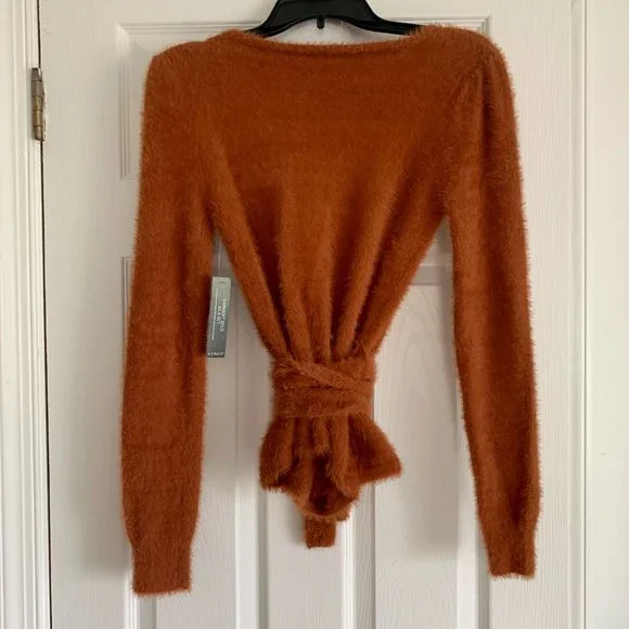 Camel Fuzzy Wrap Sweater. Tie Front, Long Sleeve. Sexy, Low Plunge V-Neck. US S - Picture 3 of 7